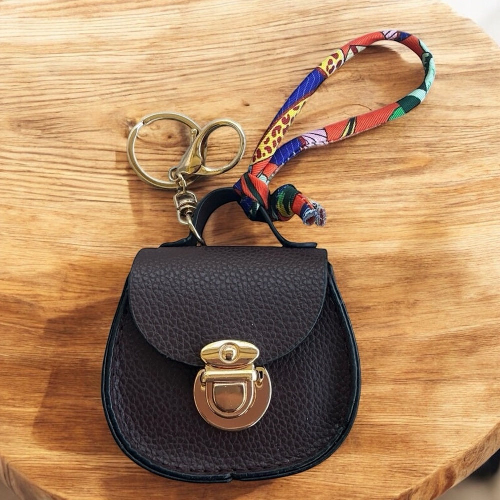 Mini Purse Charm Keychain Brown Faux Leather AirPods Case Bag Charm